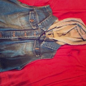 Jean jacket with a grey hoodie